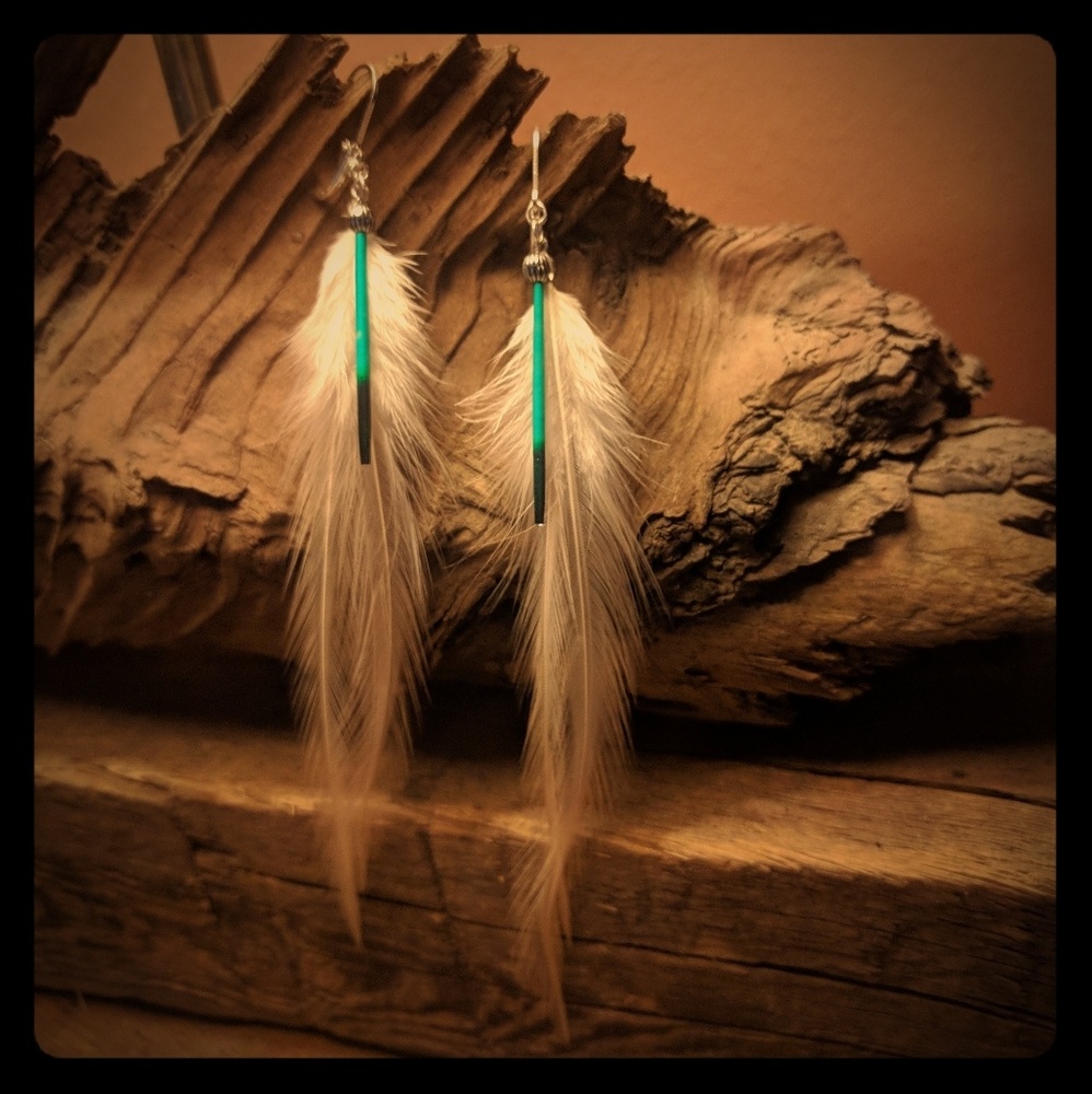 White feather and dyed porcupine quill earrings.